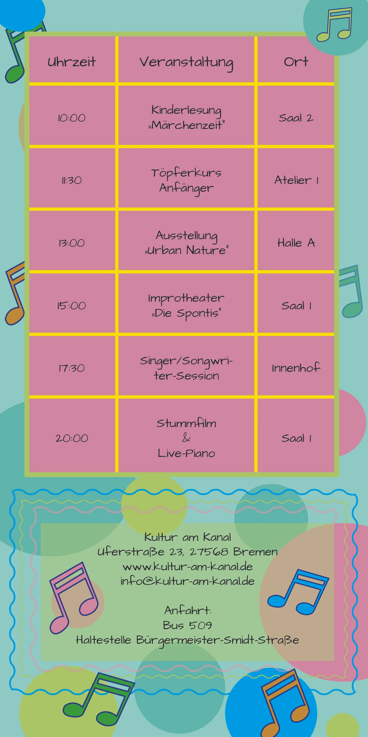 Kultur am Kanal Flyer Rückseite mit Veranstaltungsprogramm