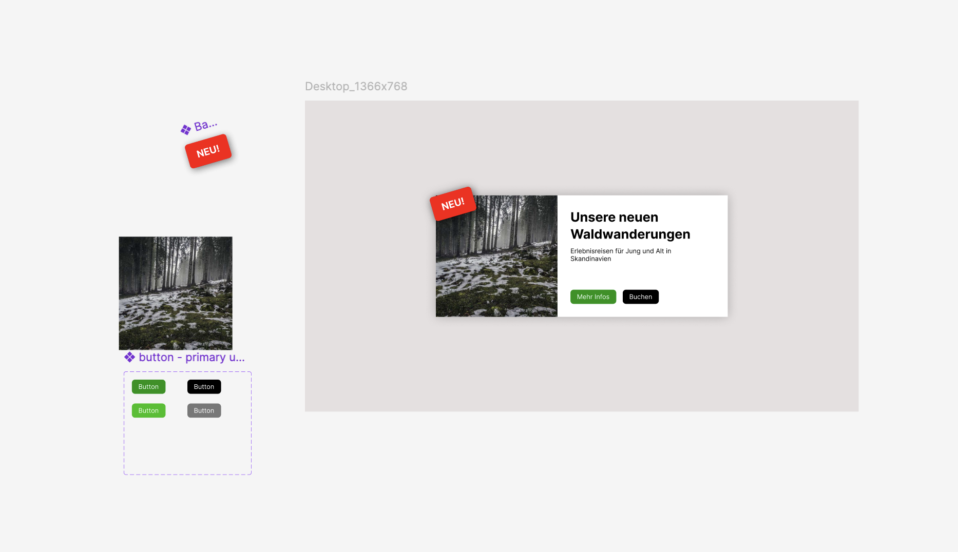 Figma Prototyp Waldwanderungen – Desktop-Produktkarte mit Waldfoto, NEU-Badge, Mehr-Infos- und Buchen-Button
