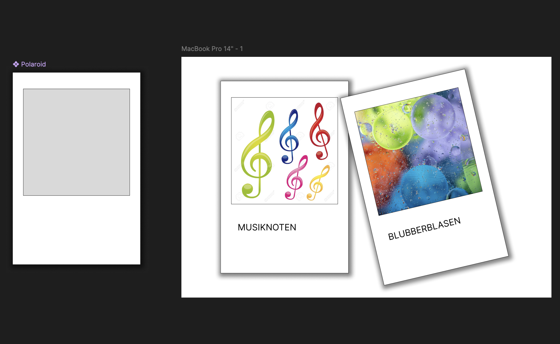 Figma Polaroid-Komponenten mit Musiknoten und Blubberblasen-Motiv, leicht gedreht angeordnet