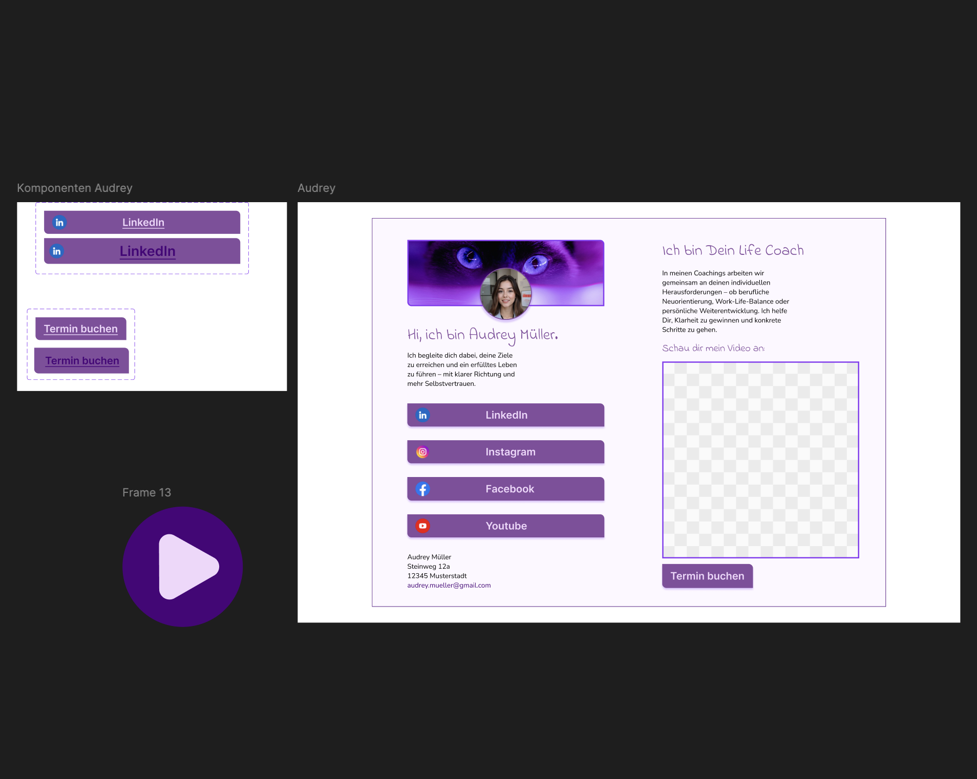 Figma Prototyp Audrey – Life Coach Profil mit lila Buttons und Komponenten-Übersicht