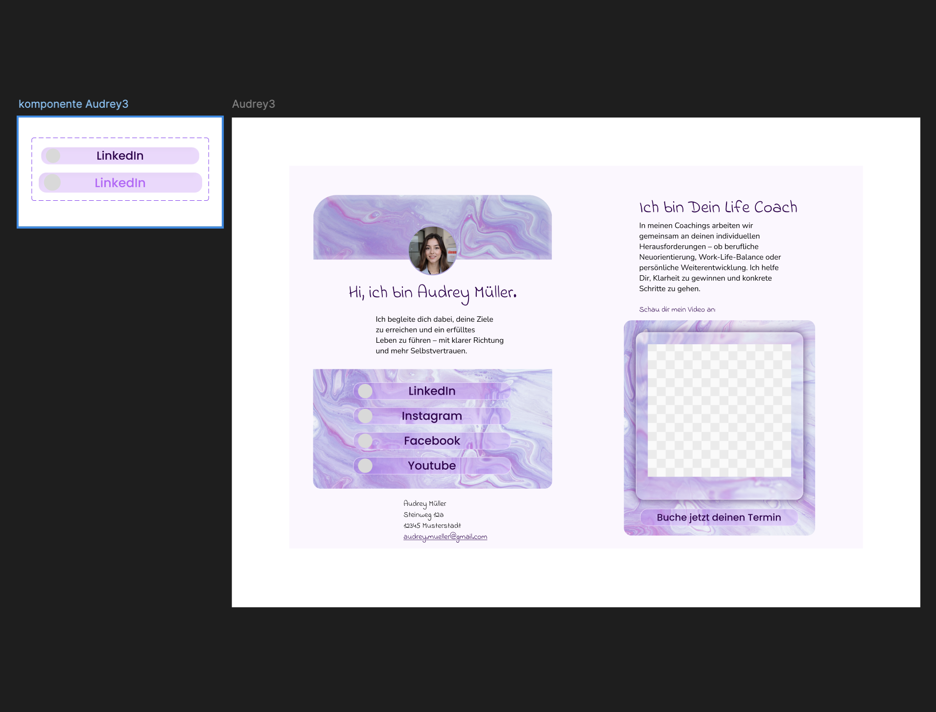 Figma Prototyp Audrey 3 – Life Coach Profil mit lila Marmor-Hintergrund und Social-Media-Buttons