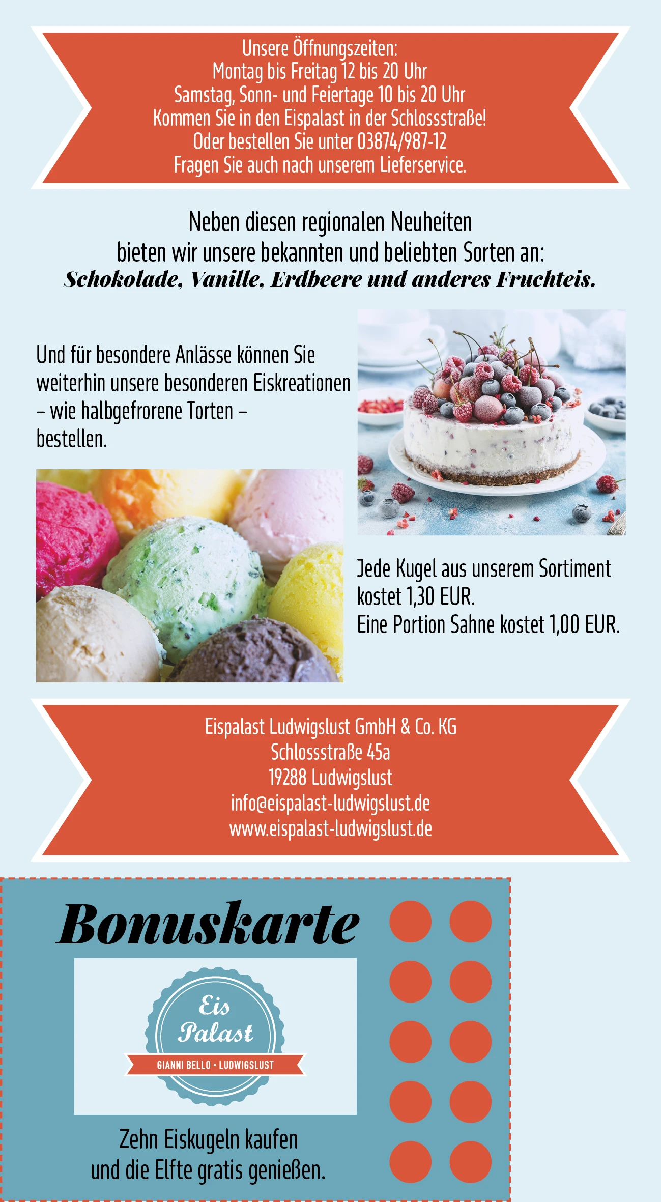 Eispalast Flyer Rückseite mit Öffnungszeiten, Sorten und Bonuskarte