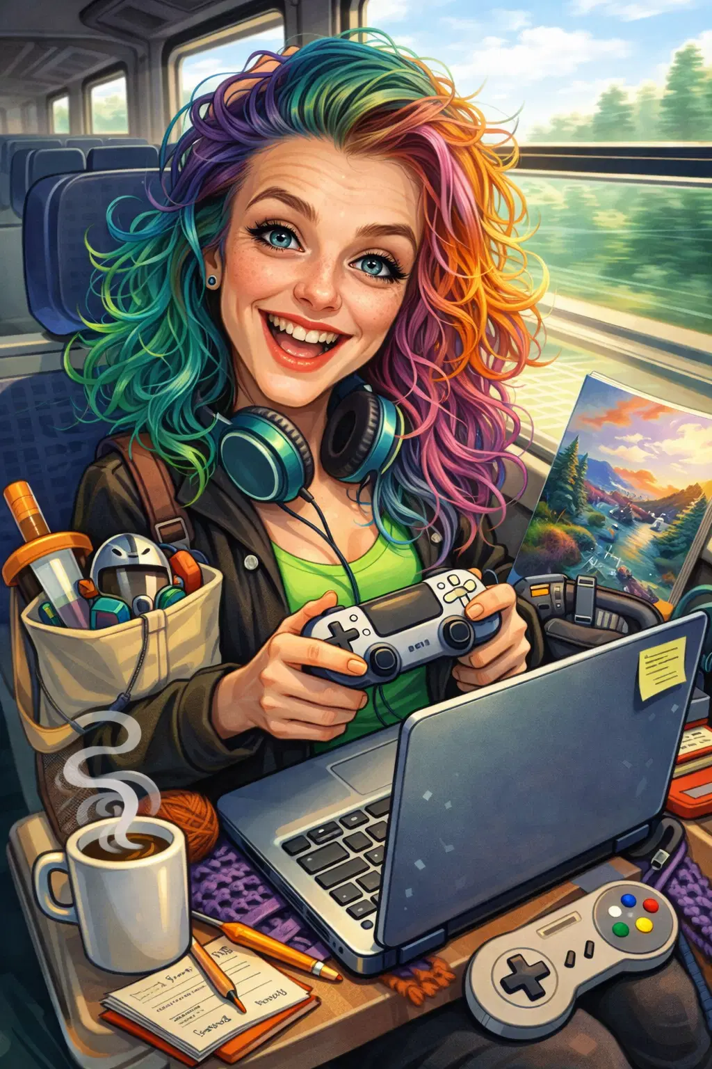 Illustration einer lachenden Frau mit bunten Haaren im Zug, umgeben von Laptop, Spielcontroller, Kopfhörern, Kaffee und Kreativmaterial